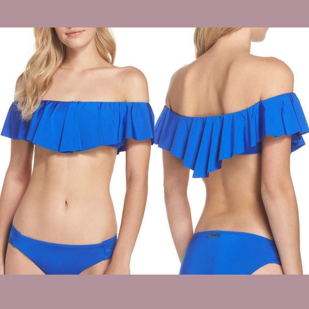 New $80 Trina Turk Off the Shoulder Bandeau‎ Bikini Top in Blue [SZ 10 US ]